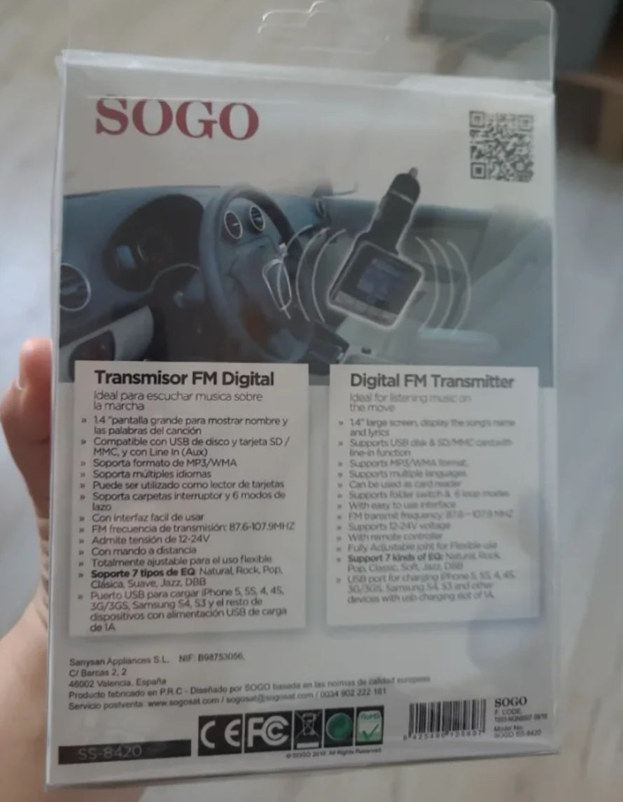 Transmisor FM Sogo + Cargador Coche